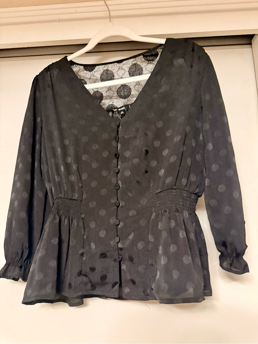 mine Black Polka Dot V-Neck Button Front Blouse